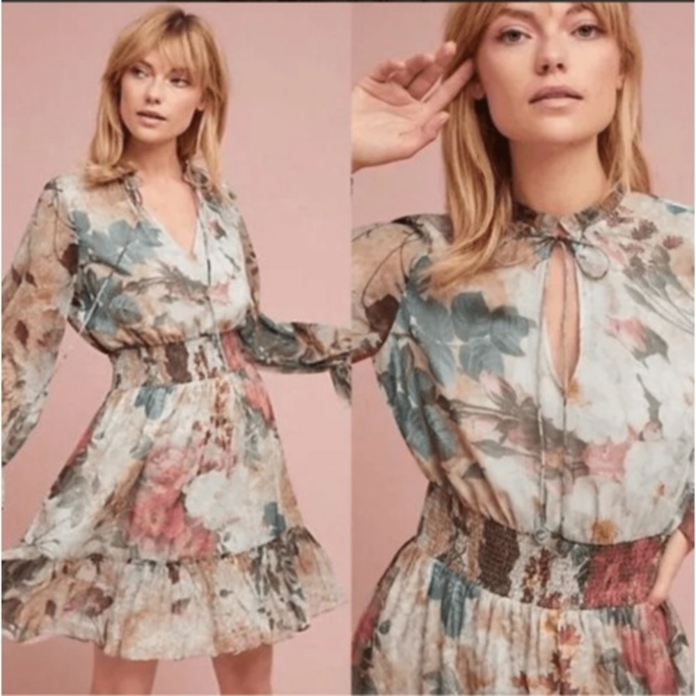 Anthropologie Hemant & Nandita Dress Floral Smocked Women Small Boho Long Sleeve